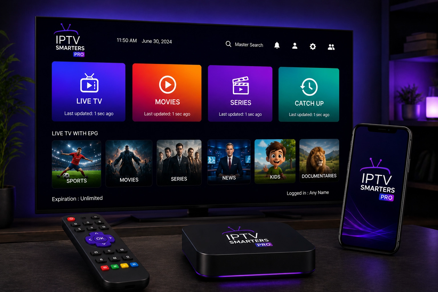 IPTV Smarters Pro – Anbieterzugang und Live-TV IPTV Smarters Pro mit Provider-Zugangsdaten und Senderliste auf dem Smart TV